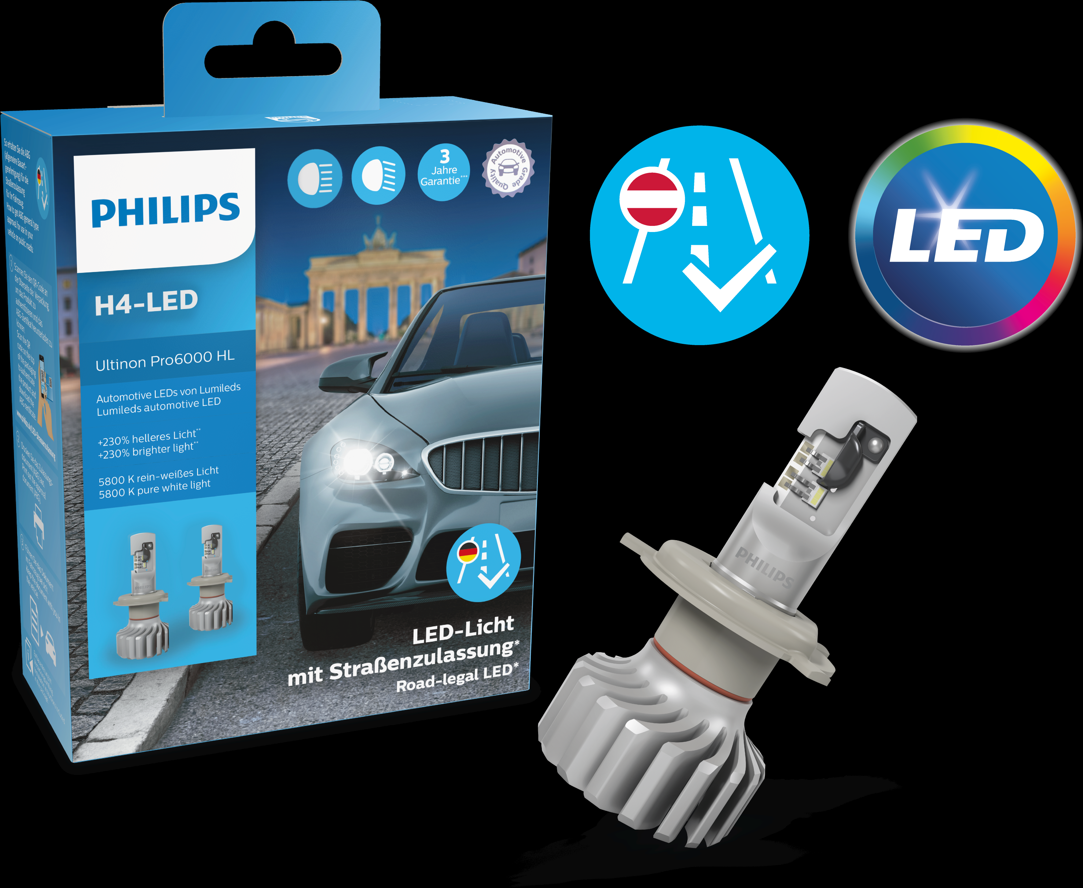 Philips Ultinon Pro6000 H4-LED Street Legal Headlight Bulb +230% Brighter  Light 5,800K